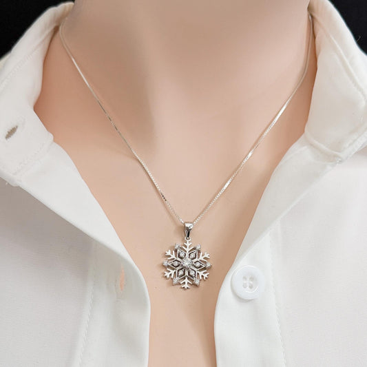 Sterling Silver Snowflake Necklace with Cubic Zirconia, Sparkling Winter Pendant Jewelry