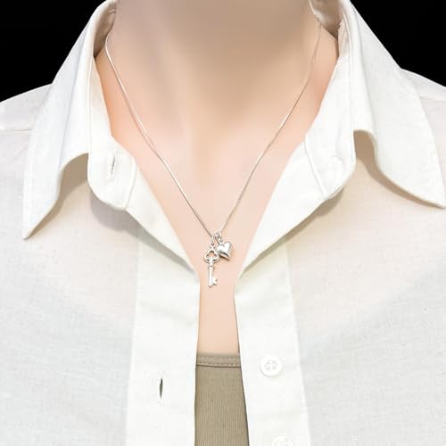 Tiny Delicate and Dainty 925 Sterling Silver Heart and Key Necklace for Women and Teen Girls Girlfriend Anniversary Gift for Wife Birthday Best Friend Graduation Gift