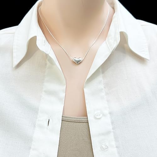 Heart Necklace for Women, Sterling Silver Floating Puffed Heart Necklace, Birthday or Valentine's Day Present for Mom, Wife, Girlfriend, or Daughter