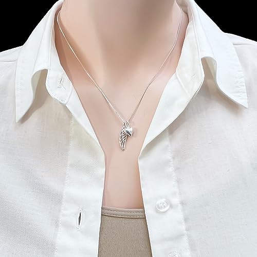 Tiny and Dainty Sterling Silver Wing Necklace with Sterling Silver Puffed Heart Charm, Inspirational Necklace, Sympathy Necklace, Confirmation Gift Necklace