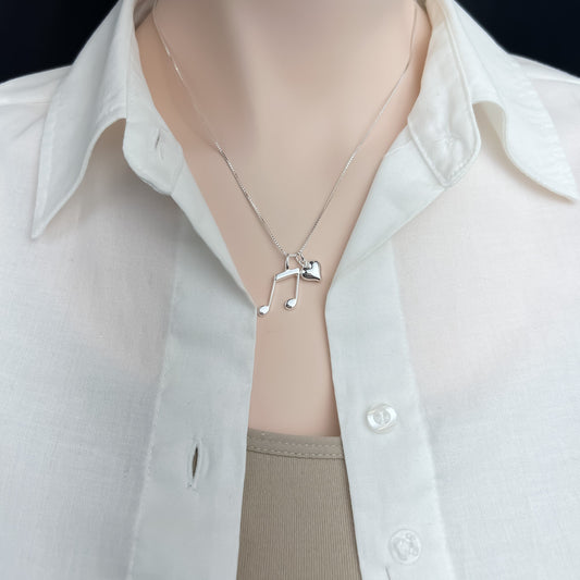 Music Note Necklace, Sterling Silver Music Note and Tiny Puffed Heart Charm Necklace, Music Lover Birthday Gift, Daughter Recital Gift