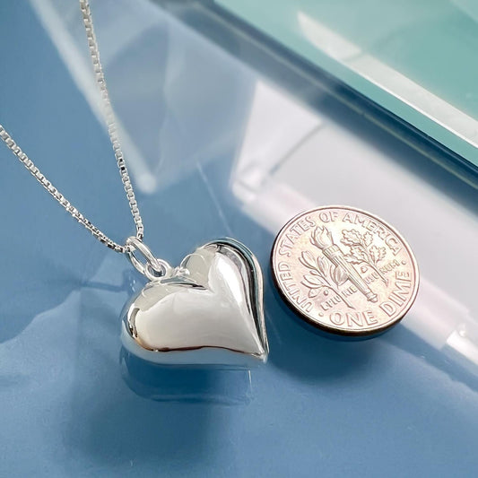 Sterling Silver Heart Necklace – Large Puffed Pendant With Italian Box Chain
