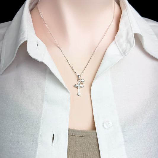 Sterling Silver Cross Necklace for Women, Cross Necklace with White Crystal Pearl, Inspirational Faith Necklace, Religious Gift Necklace with Bible Verse Message