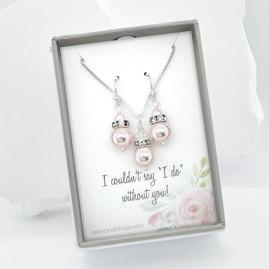 Light Pink Pearl Bridesmaid Necklace and Earrings Set, Light Pink Wedding Bridal Party Jewelry, Maid of Honor Thank You Gift, Bridesmaid Proposal Present