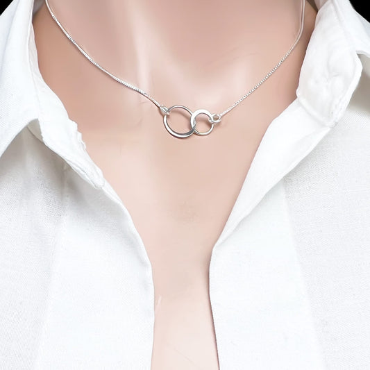 Sterling Silver Tiny and Dainty Double Interlocking Circles Necklace, Sisters for Infinity Gift, Two Ring Necklace for Women, Sister Birthday Gift Necklace
