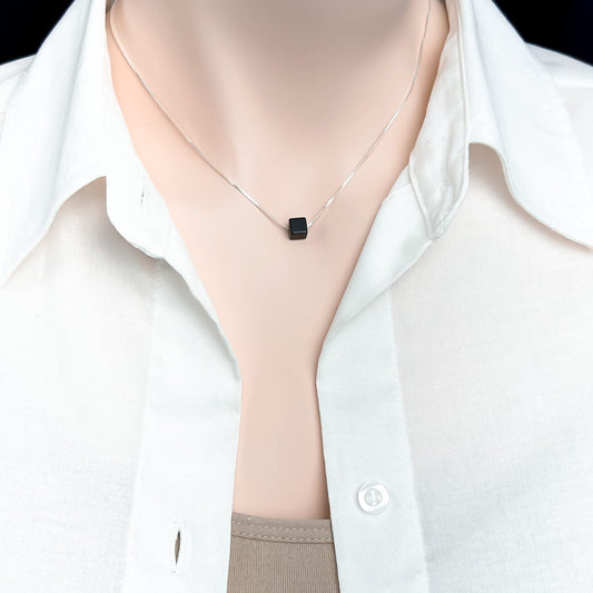 Tiny and Dainty Sterling Silver Black Onyx Cube Choker Necklace, Black Onyx Necklace for Women, Layering Necklace, Black Cube Necklace