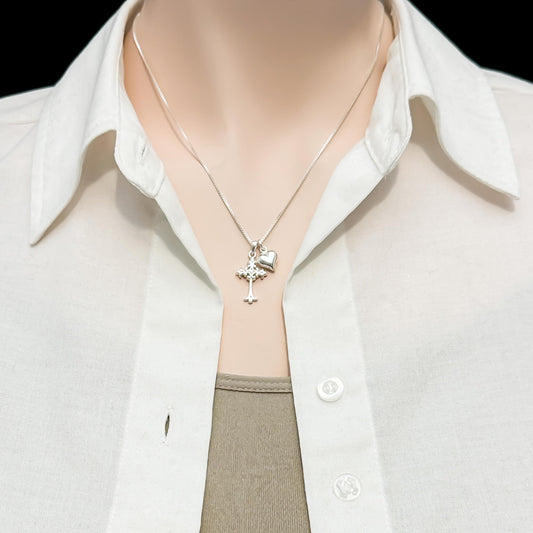Sterling Silver Cross Necklace with Tiny Puffed Heart Charm Dainty Christian Jewelry Gift for Women and Girls, Elegant Baptism Gift for Daughter Granddaughter