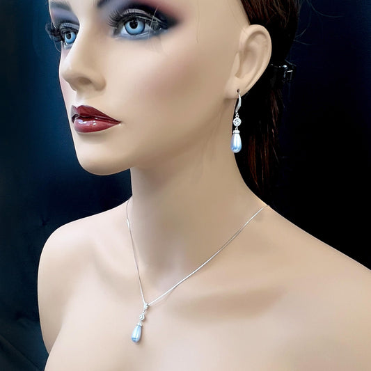 Custom Color, Light Blue Pearl Necklace and Earrings Set, Bridal Jewelry Set, Wedding Jewelry Set, Bridesmaid Jewelry, Pearl Prom Jewelry