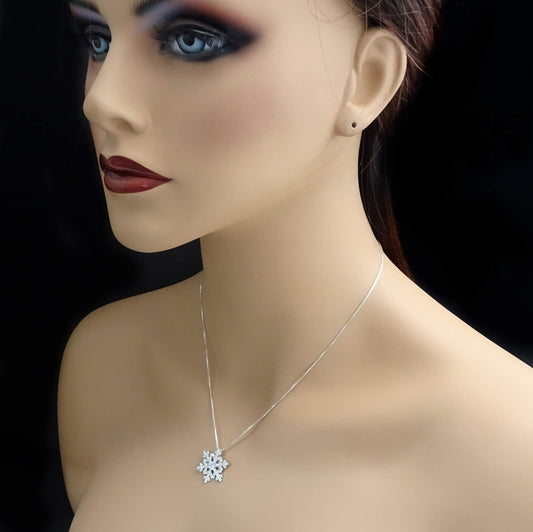 Sterling Silver Snowflake Necklace, CZ Crystal Snowflake Necklace for Women