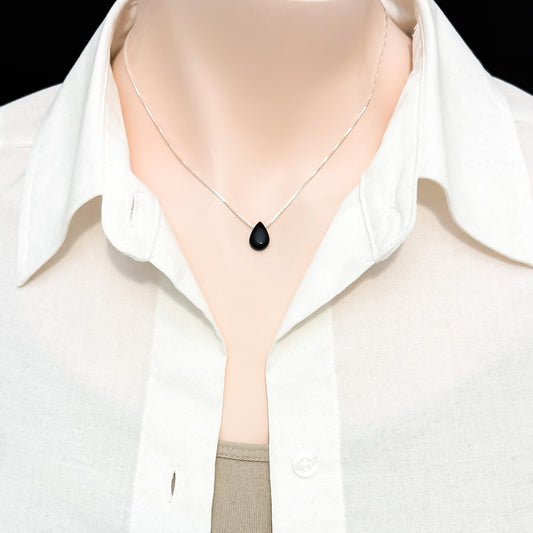 Black Onyx Teardrop Necklace for Women, Polished Floating Black Onyx Choker Layering Necklace Teen Girls December Birthstone, Birthday Gift Necklace