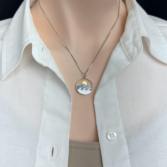 Mother's Day Gift for Mom, Sterling Silver Mountain Range Ocean Wave and Bronze Sun Pendant Necklace for Women