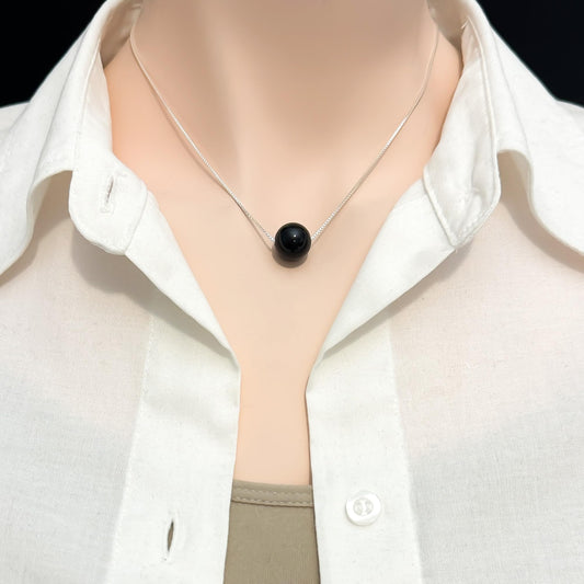 Large Round Black Onyx and Sterling Silver Necklace for Women, Statement Necklace, Mom Birthday Gift, Wife or Girlfriend Anniversary Present