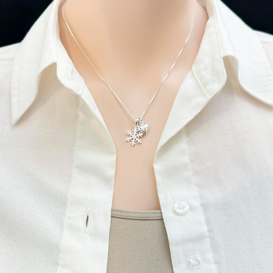 Dainty Sterling Silver Snowflake Necklace Heart Charm Necklace, Daughter Wife Girlfriend Best Friend Gift Necklace, Christmas Gift Necklace