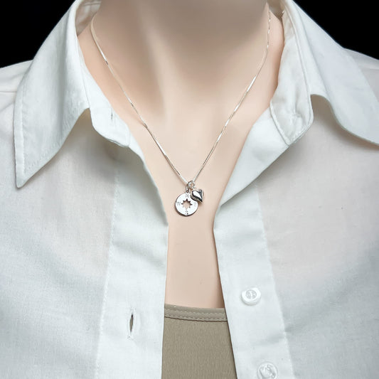 Compass Necklace for Women, Sterling Silver Compass Pendant wit Puffed Heart Charm, Girlfriend Gift Necklace, Wife Anniversary Gift