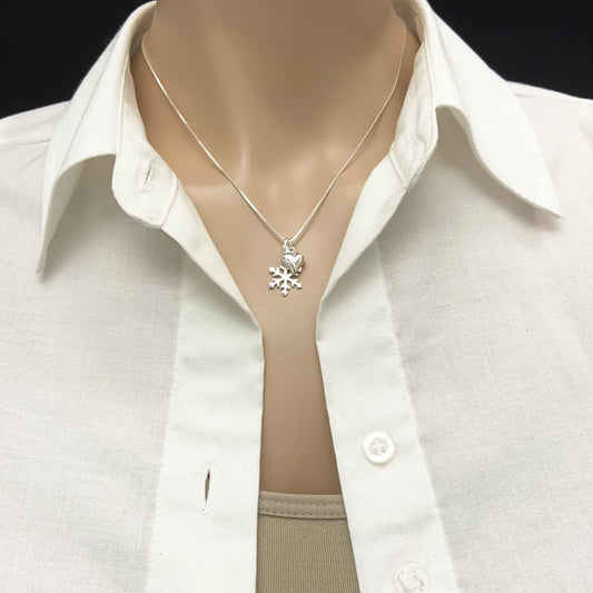 Dainty Sterling Silver Snowflake Necklace with Puffed Heart Charm for Women, Daughter Wife Girlfriend Best Friend Gift Necklace, Christmas Gift
