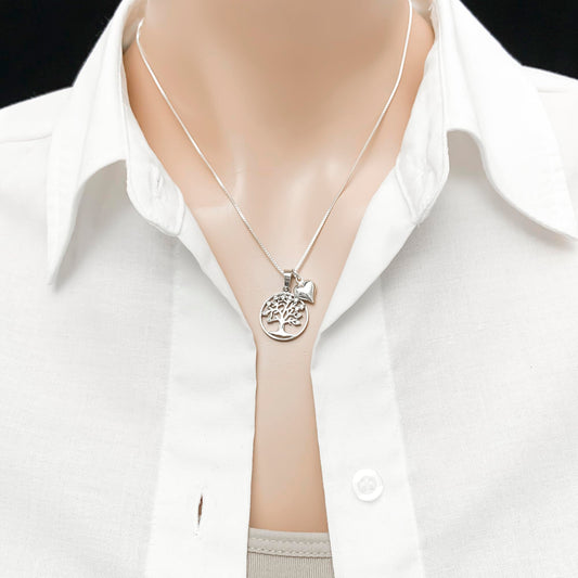 925 Sterling Silver Tree of Life with Tiny Pufed Heart Charm Necklace - Mothers Day Birthday Valentine's Day Mothers Day Present (for grandmother)