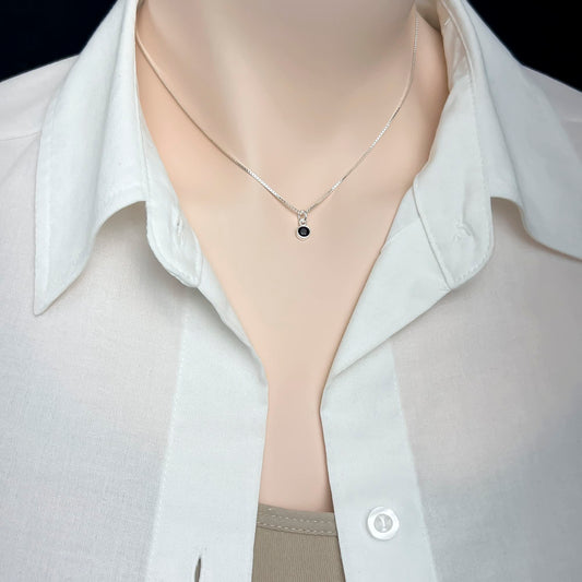 Black Onyx Necklace, Very Tiny Delicate and Dainty Sterling Silver Round Black Onyx Necklace for Women
