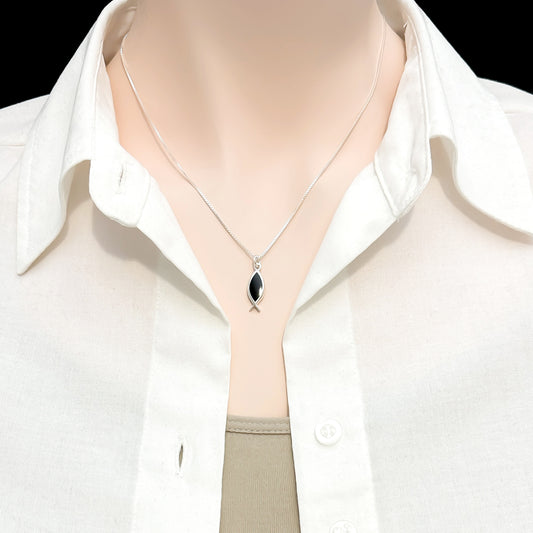 Black Onyx Ichthus Pendant Necklace in 925 Sterling Silver Religious Christian Fish Symbol Jewelry for Women Gift for Daughter Sister Granddaughter