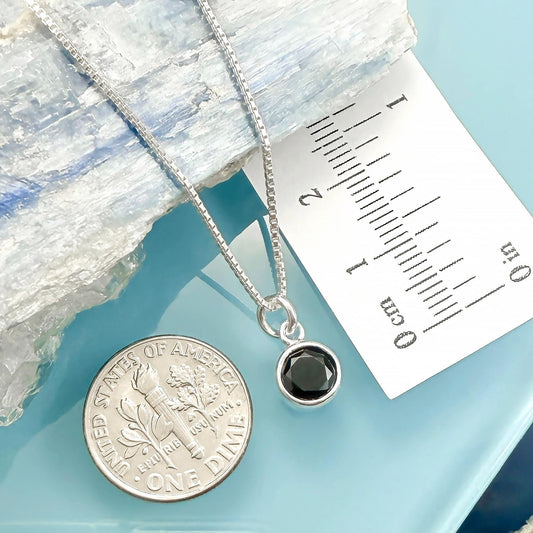a silver necklace with a black gemstone pendant, placed next to a United States one-dollar coin.