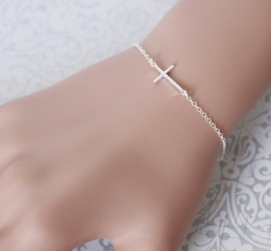 Sideways Cross Bracelet, Sterling Silver Sideways Cross Bracelet, Bapstism Gift Girl, Everyday Bracelet, Cross Bracelet, Gift for Her