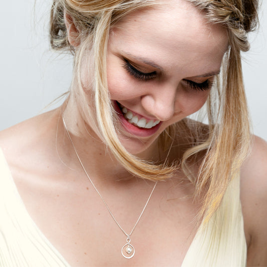 925 Sterling Silver Infinity Necklace with White Crystal Pearl, Bridal Party Gift - Adjustable Chain, Wedding Jewelry (Bridesmaid)