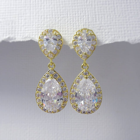 clear cubic zirconia crystal drop earrings in gold plated setting