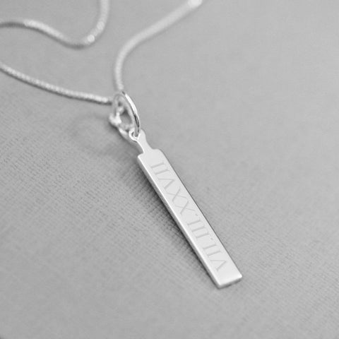 engraved roman numeral bar necklace