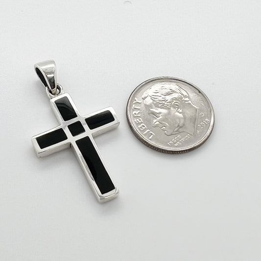 Sterling Silver Cross Pendant with Black Onyx, 27mm