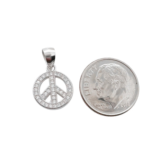 Sterling Silver Peace Sign Pendant with Cubic Zirconia Crystals, 11mm