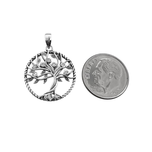 Sterling Silver Tree of Life Pendant with Cubic Zirconia Crystals, 20mm