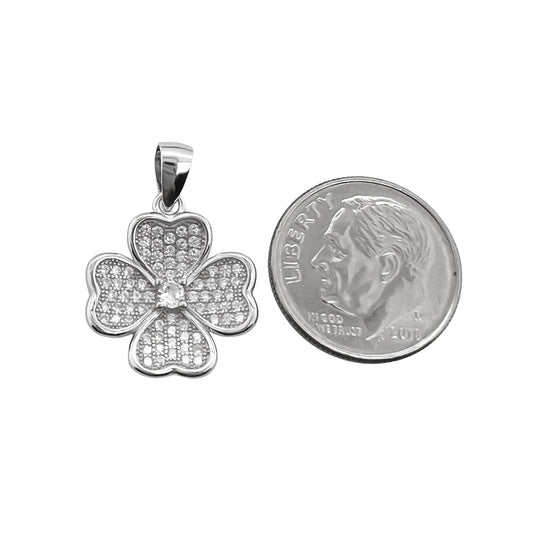 Sterling Silver Four Leaf Clover Pendant with Cubic Zirconia Crystals, Shamrock Pendant, St. Patrick's Day Pendant, 15mm