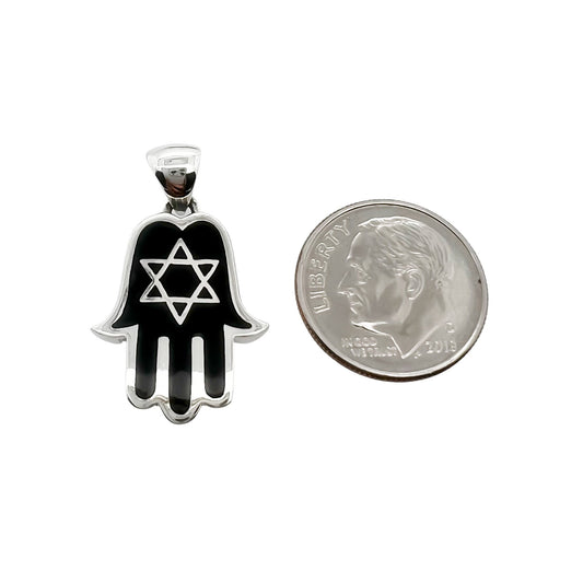 Sterling Silver Hamsa Hand Star of David Pendant with Black Onyx Stone, 23mm