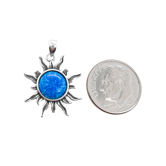 Sterling Silver Sun Pendant with Oxidized Finish and Blue Lab Opal, 21mm