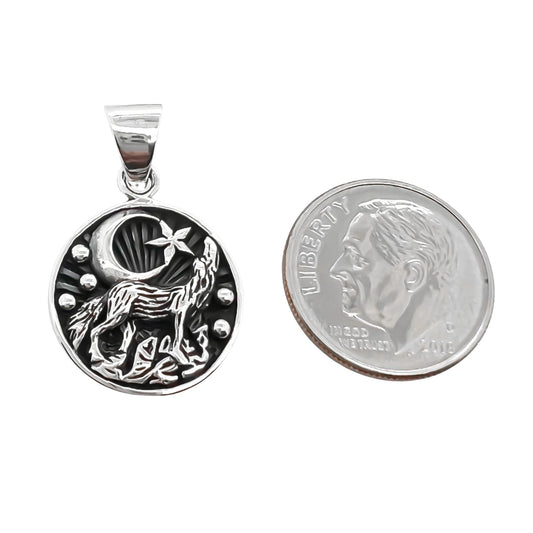 Sterling Silver Wolf Pendant with Oxidized Finish and Moon and Star Detail, 16mm