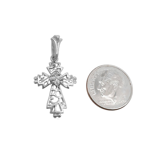 Sterling Silver Cross Pendant with Cubic Zirconia Crystal, 24mm