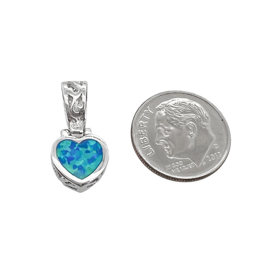Sterling Silver Tiny Heart Pendant with Lab Created Blue Opal, 9.5mm
