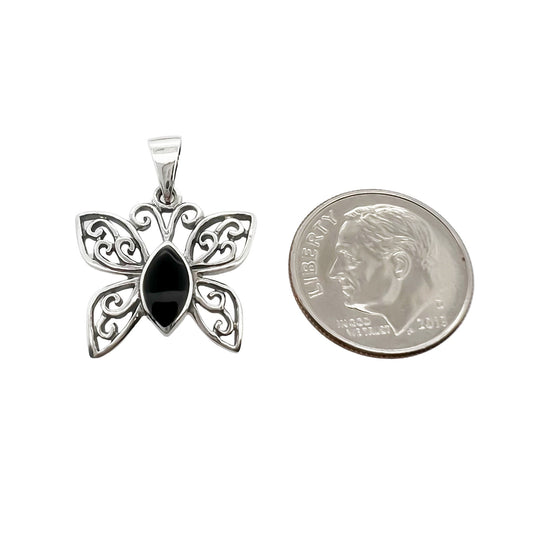 Sterling Silver Butterfly Pendant with Black Onyx Stone, 19mm