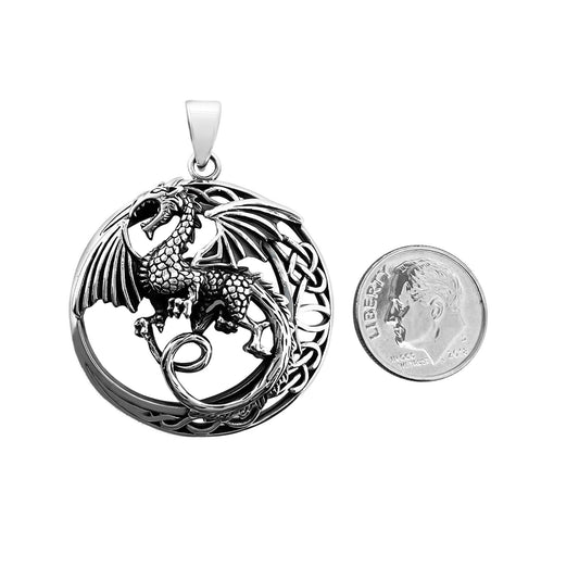 Sterling Silver Dragon Pendant with Oxidized Finish, 34mm