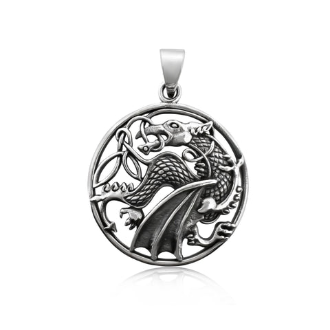 Sterling Silver Dragon Pendant with Oxidized Finish, 30mm