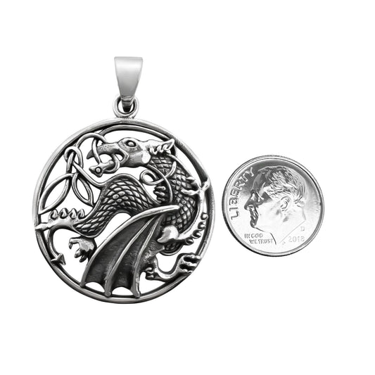 Sterling Silver Dragon Pendant with Oxidized Finish, 30mm