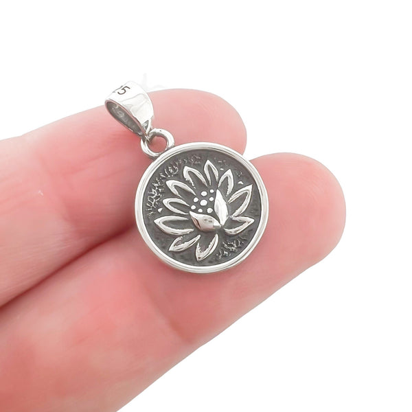 Sterling Silver Lotus Pendant with Oxidized Finish, 13mm