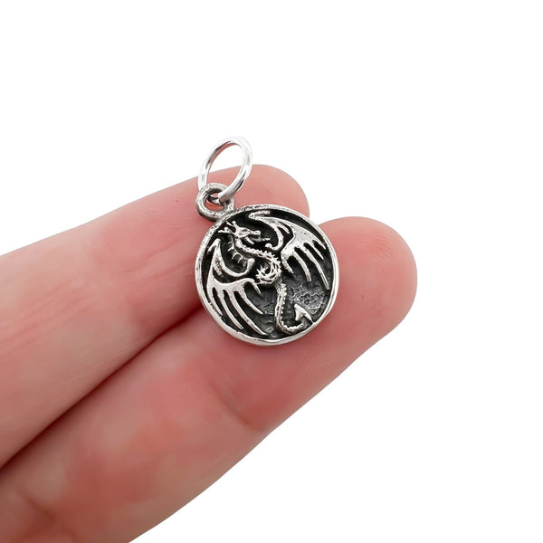 Small Sterling Silver Dragon Pendant with Oxidized Finish, 13mm