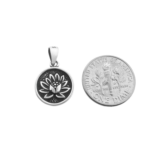 Sterling Silver Lotus Pendant with Oxidized Finish, 13mm