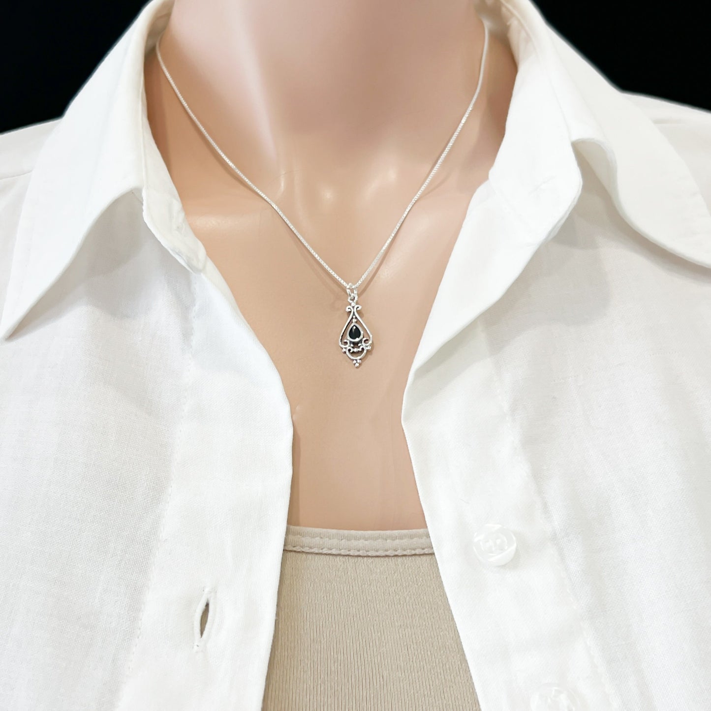 Sterling Silver Ornate Teardrop Pendant with Black Onyx Stone, 23mm