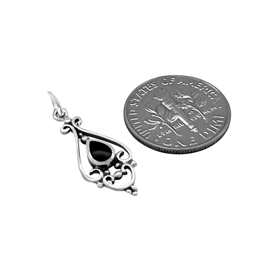 Sterling Silver Ornate Teardrop Pendant with Black Onyx Stone, 23mm