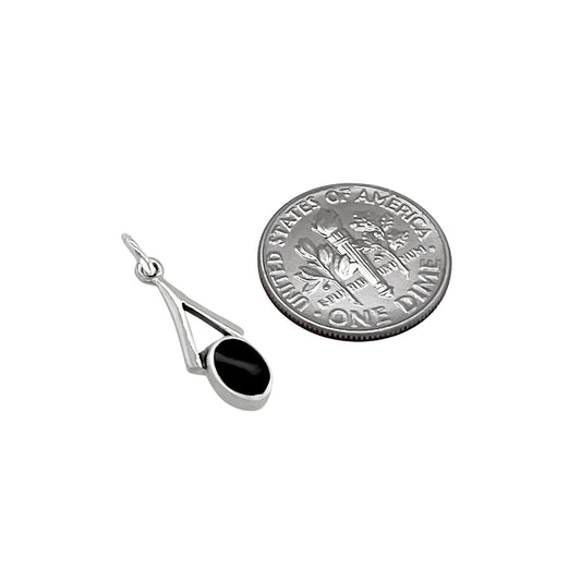 Tiny and Dainty Sterling Silver Small Oval Pendant with Wishbone and Black Onyx Stone, 18mm