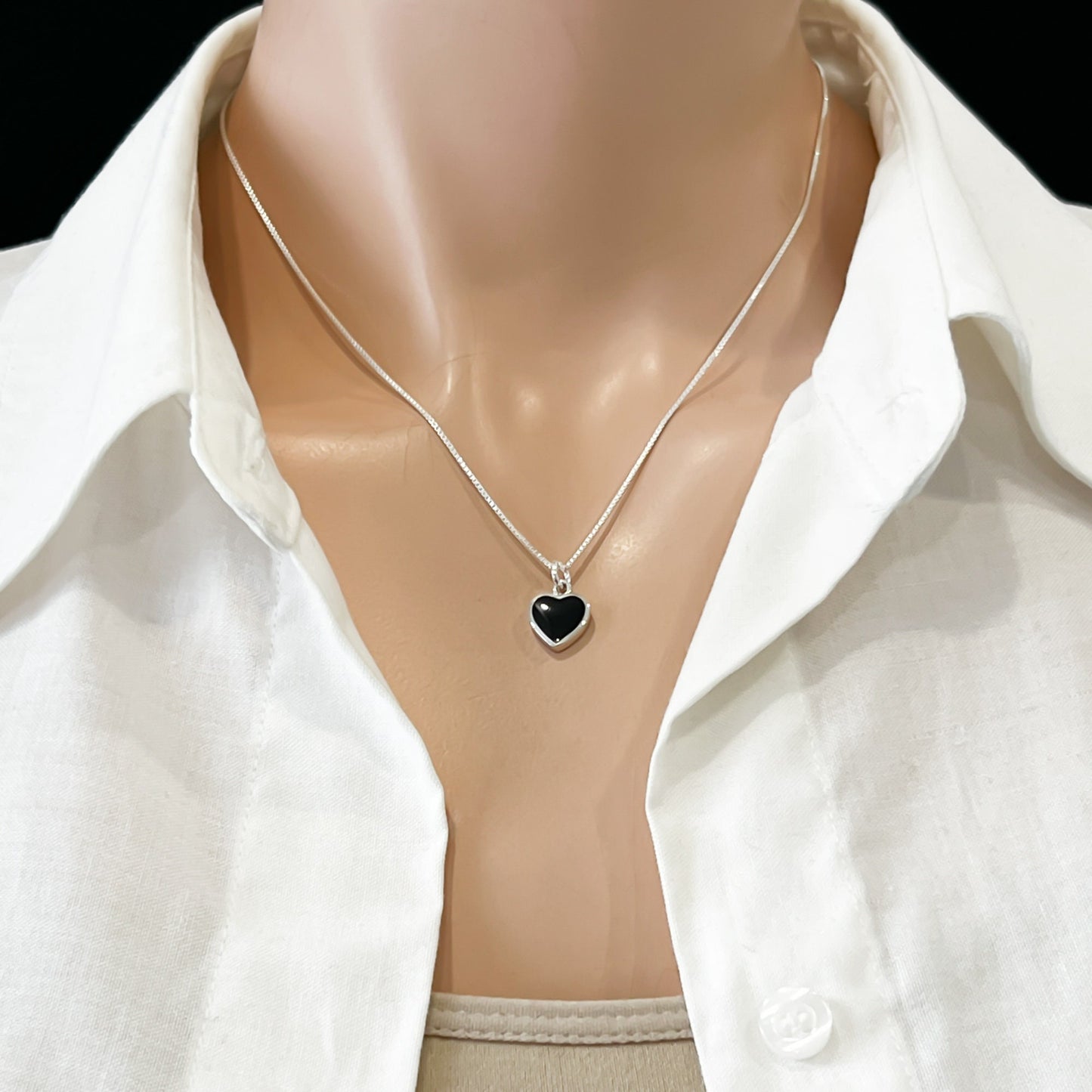 Sterling Silver Heart Pendant with Black Onyx Stone, 10mm