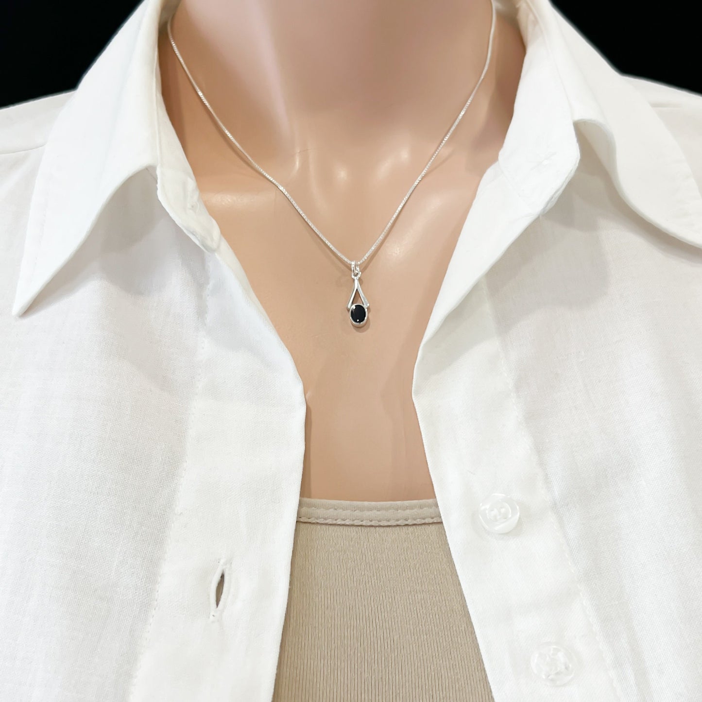 Tiny and Dainty Sterling Silver Small Oval Pendant with Wishbone and Black Onyx Stone, 18mm