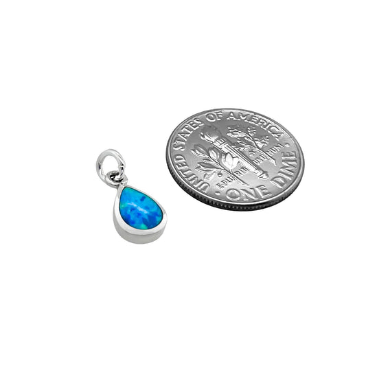 Tiny and Dainty Sterling Silver Teardrop Pendant with Lab Created Blue Opal Stone, 12mm