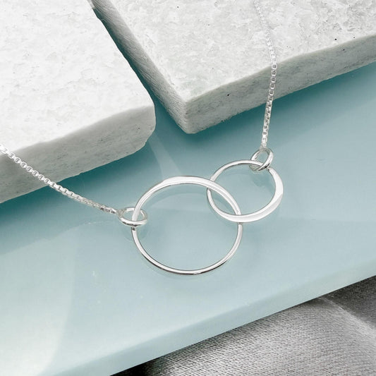 Interlocking Circle Necklace, Sterling Silver Double Ring Pendant Necklace, Two Circle Jewelry